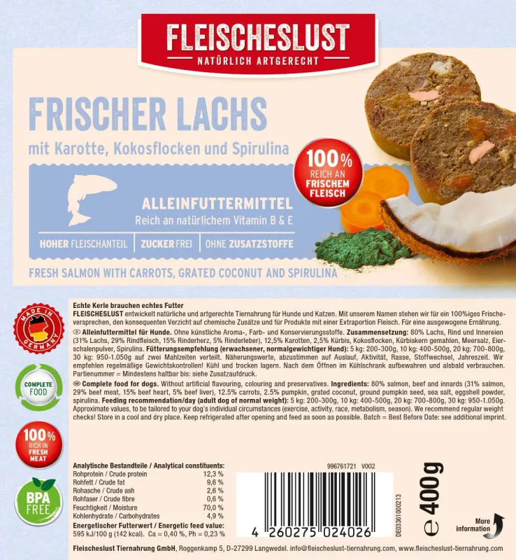 Frischer Lachs mit Rind, Karotten, Kürbis und Kokos 400g